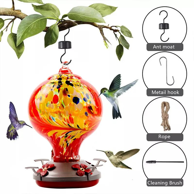 Hand Blown Glass Hummingbird Feeder - 32 Ounces