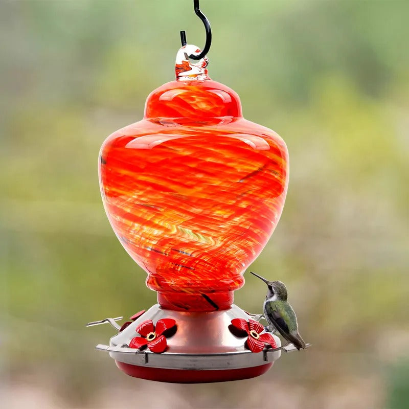 Hand Blown Glass Hummingbird Feeder - 38 Ounces