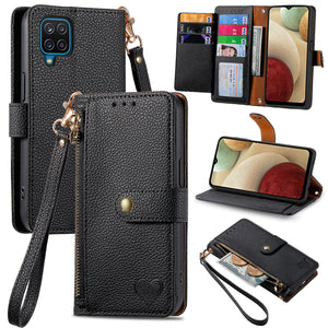 Litchi Pattern Heart RFID Lanyard Flip Phone Case for Samsung Galaxy A12