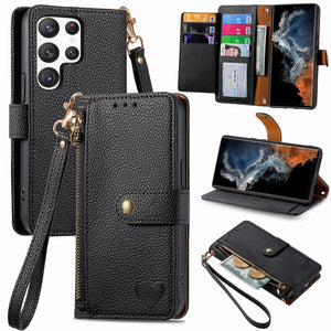 Litchi Pattern Heart RFID Lanyard Flip Phone Case for Samsung Galaxy S22Ultra 5G
