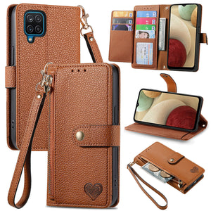 Litchi Pattern Heart RFID Lanyard Flip Phone Case for Samsung Galaxy A12