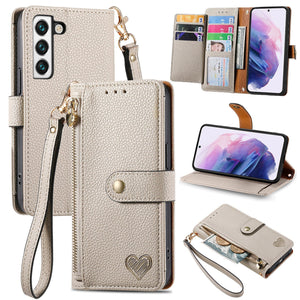 Litchi Pattern Heart RFID Lanyard Flip Phone Case for Samsung Galaxy S22plus