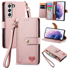 Load image into Gallery viewer, Litchi Pattern Heart RFID Lanyard Flip Phone Case for Samsung Galaxy S22plus