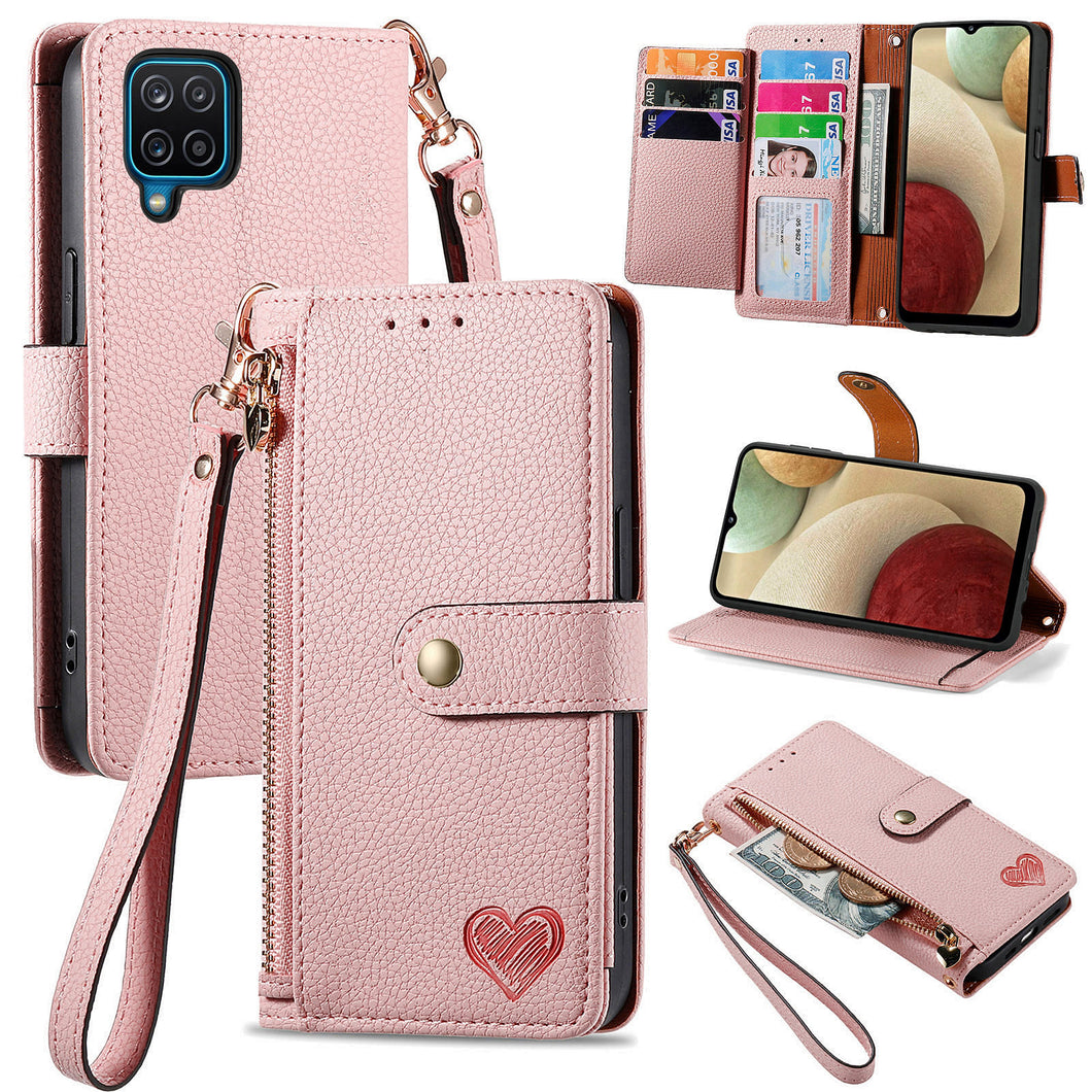 Litchi Pattern Heart RFID Lanyard Flip Phone Case for Samsung Galaxy A12