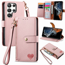 Load image into Gallery viewer, Litchi Pattern Heart RFID Lanyard Flip Phone Case for Samsung Galaxy S22Ultra 5G