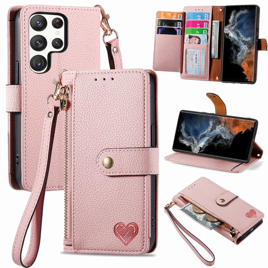 Litchi Pattern Heart RFID Lanyard Flip Phone Case for Samsung Galaxy S22Ultra 5G