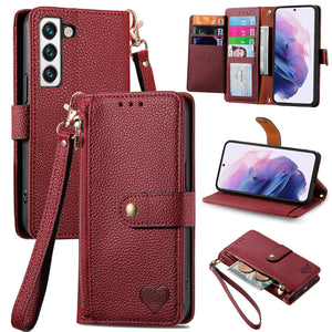 Litchi Pattern Heart RFID Lanyard Flip Phone Case for Samsung Galaxy S22plus