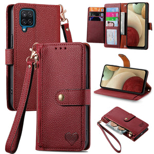 Litchi Pattern Heart RFID Lanyard Flip Phone Case for Samsung Galaxy A12