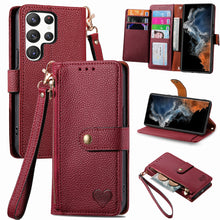 Load image into Gallery viewer, Litchi Pattern Heart RFID Lanyard Flip Phone Case for Samsung Galaxy S22Ultra 5G
