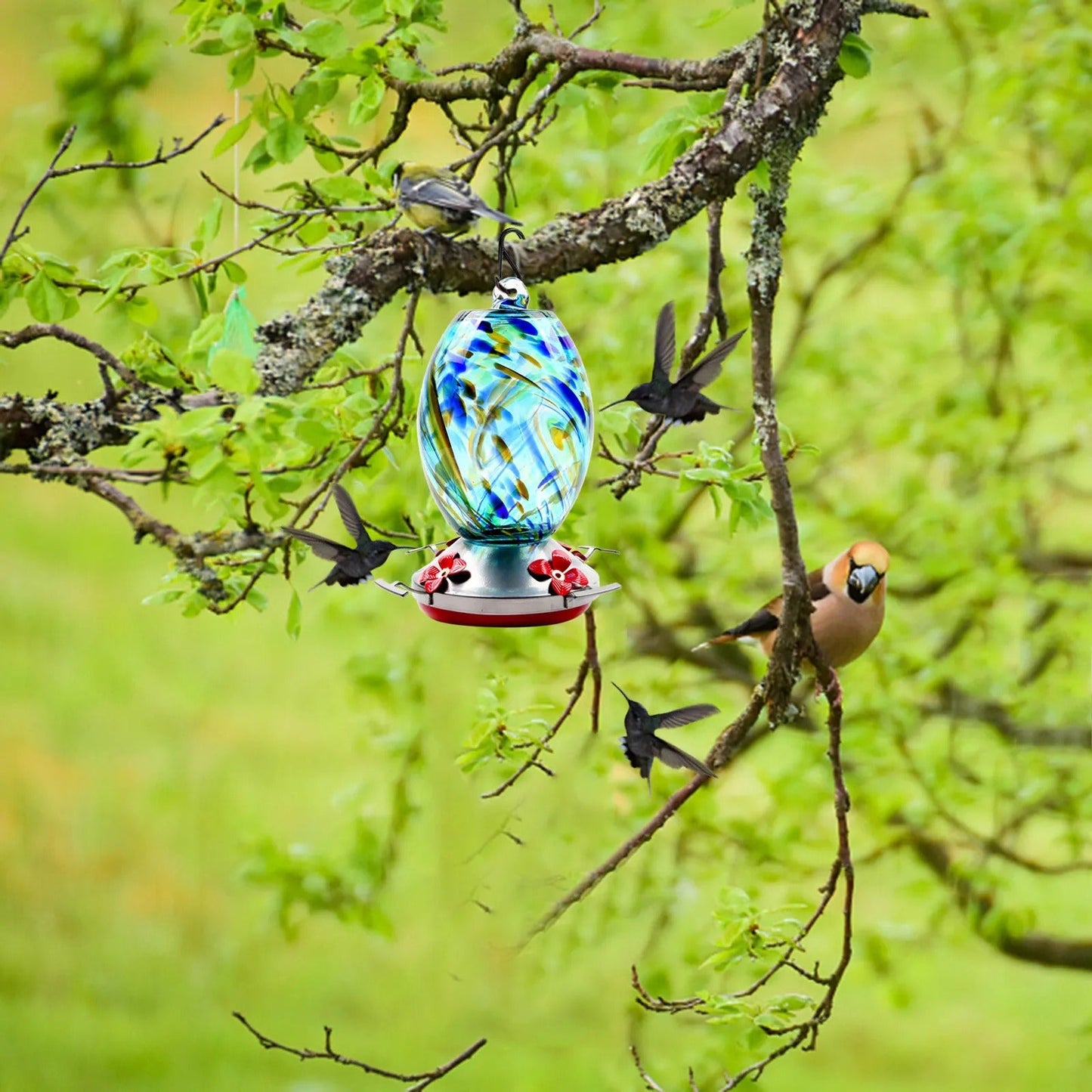 Hand Blown Glass Hummingbird Feeder - 25 Ounces