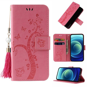 Joli papillon Tree Cat Design PU Portefeuille en cuir Flip housse de couverture pour Samsung S21
