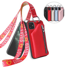 Load image into Gallery viewer, Fashion Wallet Card Leather Case With Embroidery Lanyard For iPhone