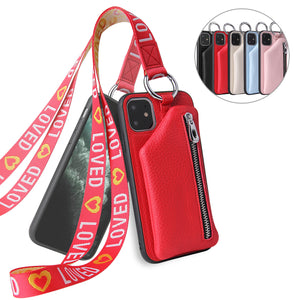 Fashion Wallet Card Leather Case With Embroidery Lanyard For iPhone