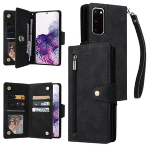 Rivet Buckle Zipper Wrist Strap Wallet Leather Case For Samsung Galaxy S20