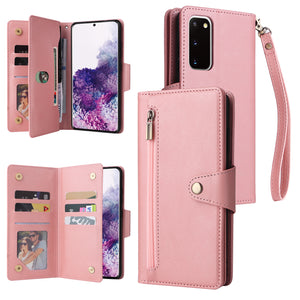 Rivet Buckle Zipper Wrist Strap Wallet Leather Case For Samsung Galaxy S20
