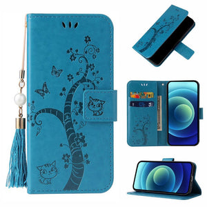 Lovely Butterfly Tree Cat Design PU Leather Wallet Flip Cover Case For Samsung S21